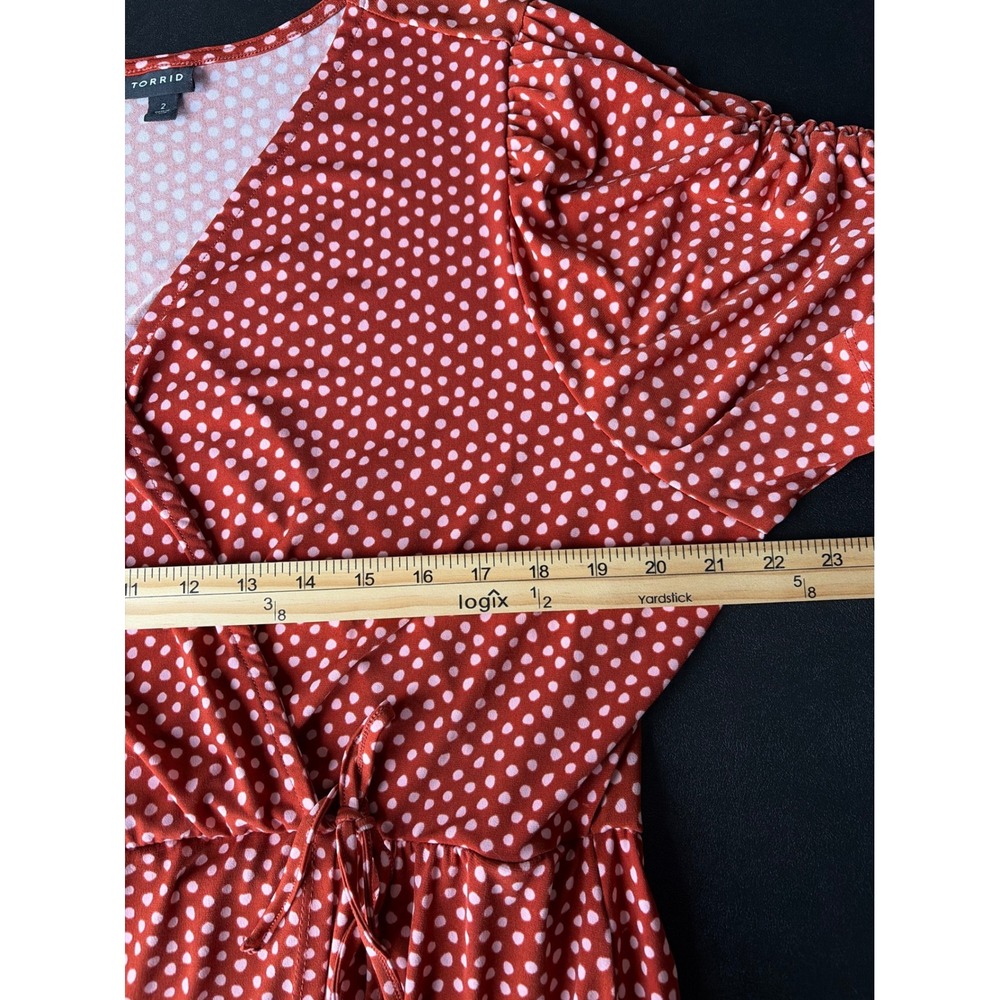 Torrid Rust Red Polka Dot Faux Wrap Midi Dress Puff Sleeve Ruffle Hem Size 2 - Picture 6 of 8